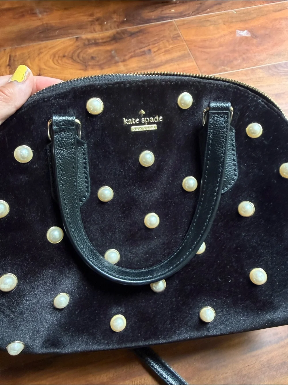 kate spade Black Pearl-Embellished Velvet Dome Satchel